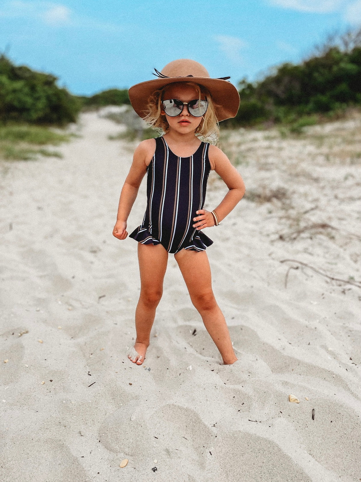 TAN AND WHITE PIN STRIPED GIRLS ONE PIECE SWIM