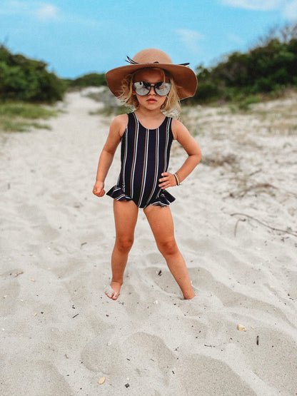 TAN AND WHITE PIN STRIPED GIRLS ONE PIECE SWIM