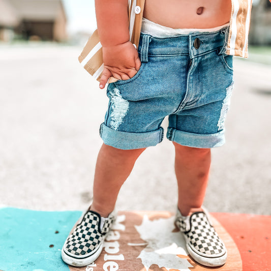 MEDIUM BLUE WASH DENIM SHORTS | Raxtin Clothing Co